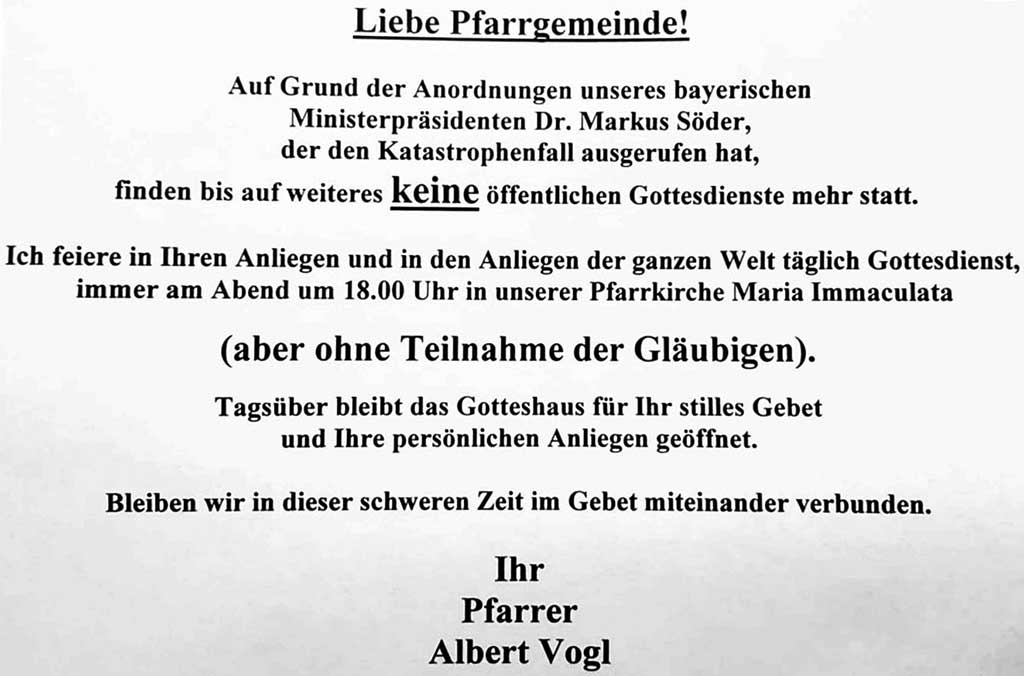 Gottesdienst findet nur unter Ausschluss der Öffentlichkeit statt.